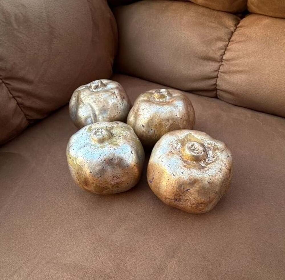 Ceramic Pomegranate Decor Gold Silver Glazed Fruit Sculptures Set of 4